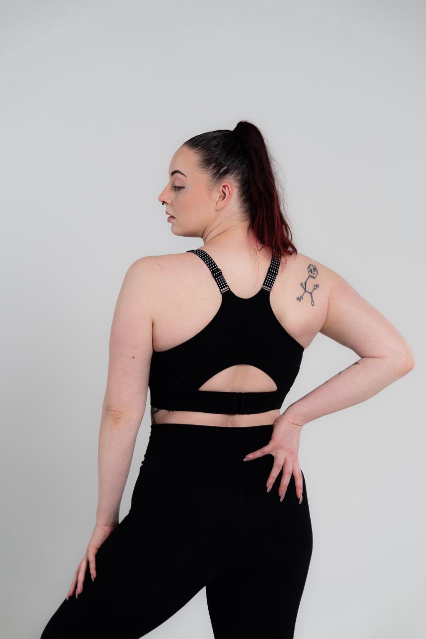 Soha Signature Support Bra Midnight Black - back view showing wider under-band and adjustable straps