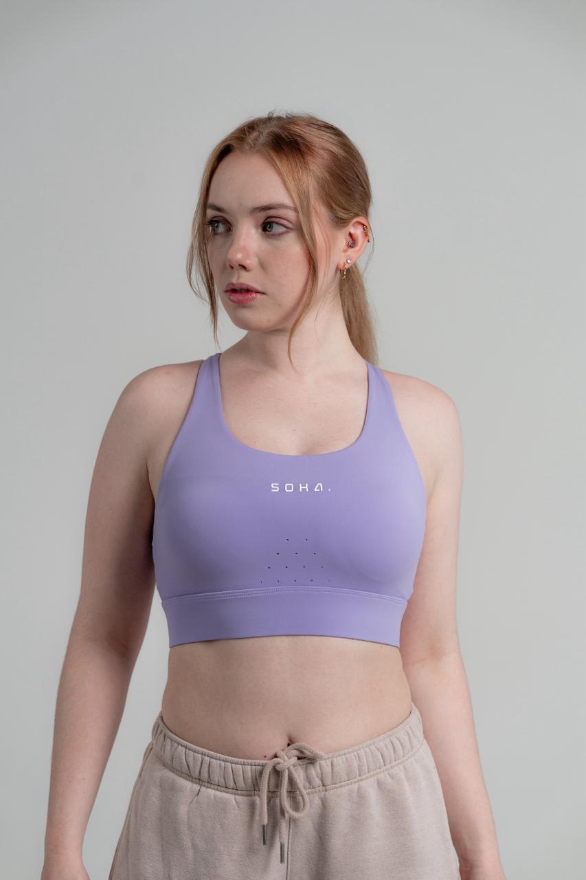 Close-up detail of Soha Signature Support Bra in Deep Amethyst showing double-layered power mesh fabric